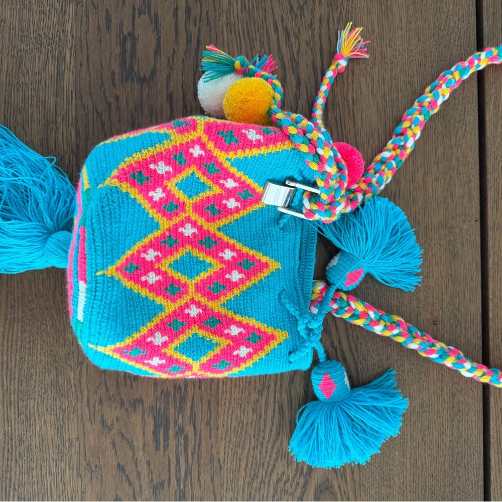 Turquoise Pom-Pom Kids Crossbody Bag with Pink & Yellow Pattern